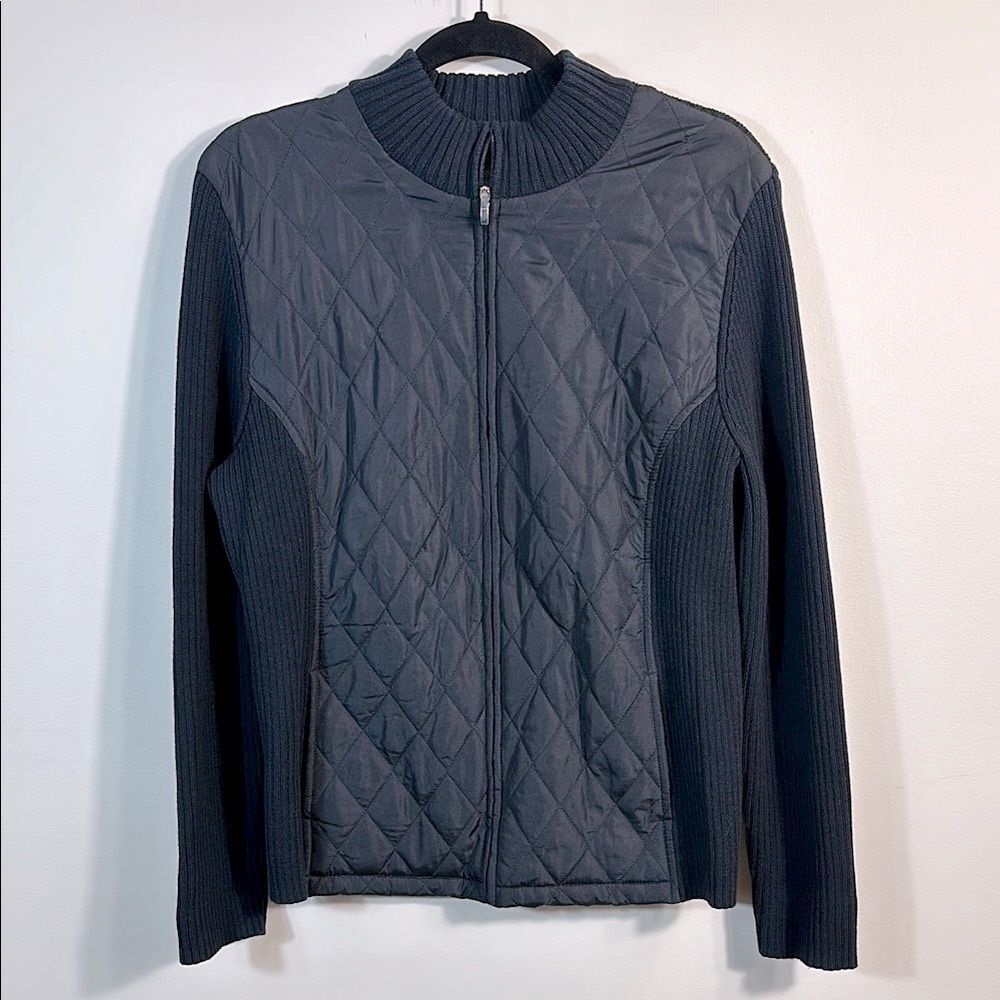 Croft & Borrow Black Quilted Sweater Knit Lightweight Full Zip Jacket Women XL
